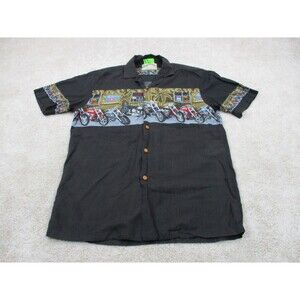 Paradise Found Shirt Men Medium Black Motorcycle Graphic Print Hawaiian Button
